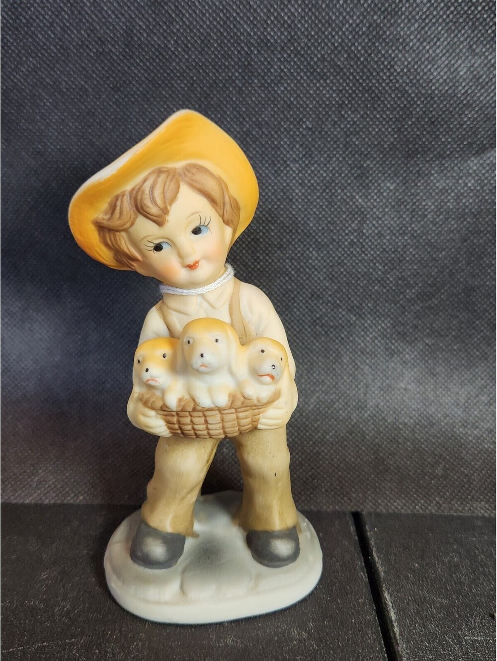 Little Boy with Basket of Puppies Porcelain Figurine Shelf-Sitter Keepsake Dogs